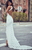 Hot Sales High Neck Ivory Lace Backless Split Mermaid Beach Wedding Dresses Bridal Dress