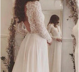 Long Sleeves V Neck Backless Lace Chiffon Beach Wedding Dress Bridal Dress Gown