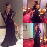 Sexy Black Lace Long Sleeves Open Back Split Prom Dresses Evening Gowns Party Dress