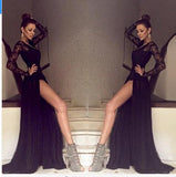 Sexy Black Lace Long Sleeves Open Back Split Prom Dress Evening Gowns Party Dress