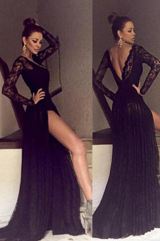 Sexy Black Lace Long Sleeves Open Back Split Prom Dress Evening Gowns Party Dress