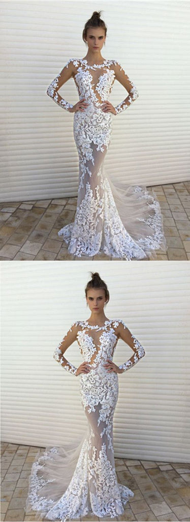 Sexy White Lace Mermaid See Through Long Sleeves Wedding Dress Prom Dresses Party Gown