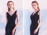 New Arrival Black Sequin V Neck Mermaid Long Prom Dress Evening Gowns Party Dress