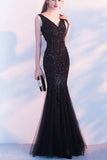 New Arrival Black Sequin V Neck Mermaid Long Prom Dresses Evening Gowns Party Dress