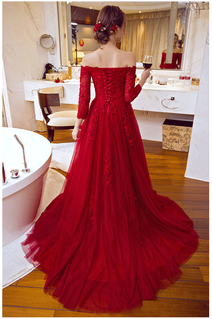 Red Foil Work Net Party Wear Long Gown