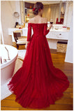 A Line Red Lace 3/4 Long Sleeves Prom Dresses Evening Gowns Party Dress