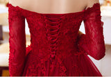 A Line Red Lace 3/4 Long Sleeves Sexy Prom Dress Evening Gowns Party Dress