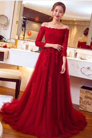 A Line Red Lace 3/4 Long Sleeves Sexy Prom Dress Evening Gowns Party Dress