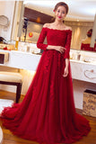 A Line Red Lace 3/4 Long Sleeves Prom Dresses Evening Gowns Party Dress