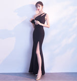 Elegant One Shoulder Front Slit Black Mermaid Long Prom Dresses Evening Party Dress