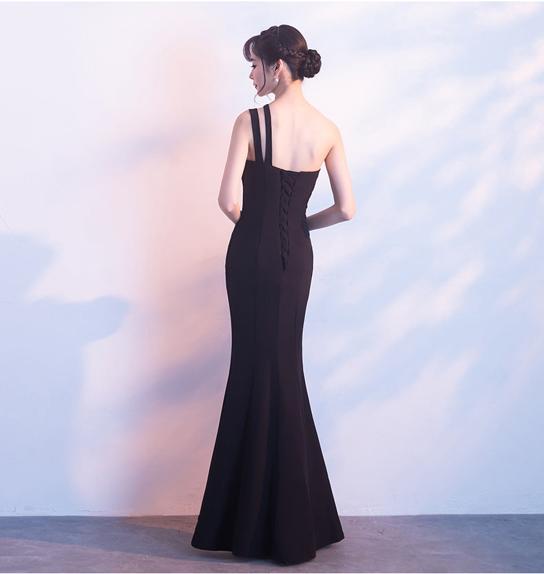Elegant One Shoulder Front Slit Black Mermaid Long Prom Dress Evening Party Dress