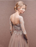 Fashion Half Sleeves Lace Tulle Open Back Prom Dress Evening Party Dress