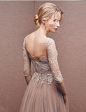 Fashion Half Sleeves Lace Tulle Open Back Prom Dress Evening Party Dress