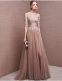 Fashion Half Sleeves Lace Tulle Long Prom Dress Evening Party Dresses