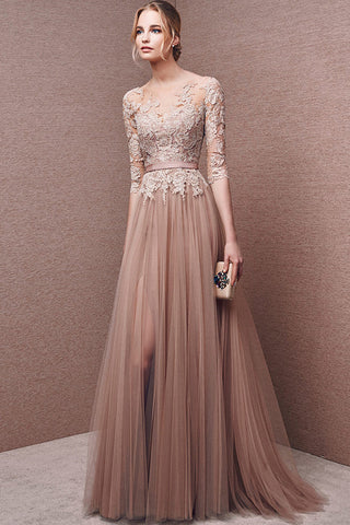 Fashion Half Sleeves Lace Tulle Open Back Prom Dress Evening Party Dress