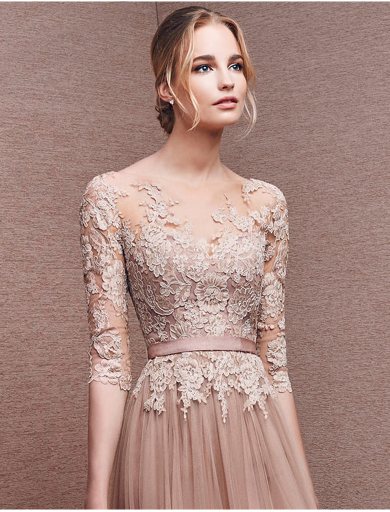 Fashion Half Sleeves Lace Tulle Open Back Prom Dress Evening Party Dress