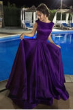 Elegant High Neck Purple Satin A Line Long Open Back Prom Dress Evening Gown Party Dresses