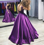 Elegant High Neck Purple Satin A Line Long Open Back Prom Dress Evening Gown Party Dresses