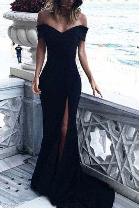 Fashion Off the Shoulder Black Front Slit Mermaid Long Prom Dresses Evening Gown Party Dress