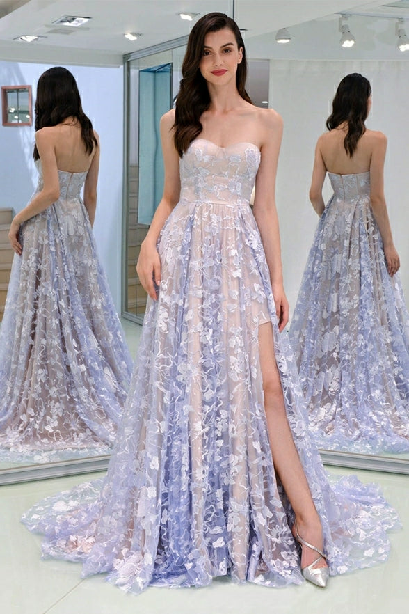New Arrival Strapless Lilac Lace High Low Long Prom Dresses Formal Evening Party Grad Dress