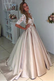 Princess White Lace Half Sleeves V Neck See Through Prom Dresses Evening Dress Party Gowns