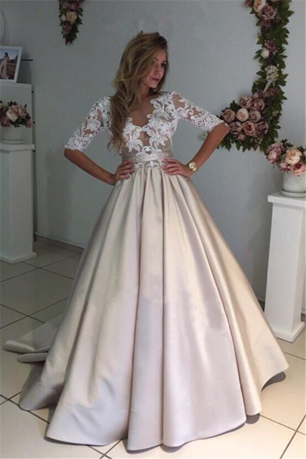 Princess White Lace Half Sleeves V Neck See Through Prom Dresses Evening Dress Party Gowns
