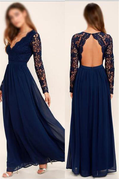 Long Sleeves V Neck Backless Navy Blue Lace Prom Dresses Evening Dress Bridesmaid Dress