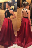 Fashion Burgundy Backless Halter A Line Sleeveless Sexy Prom Dresses Evening Gowns Party Dress