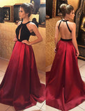 Fashion Burgundy Backless Halter A Line Sleeveless Sexy Prom Dresses Evening Gowns Party Dress