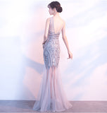 New Arrival Silver Sequin Backless Floor Length Mermaid Prom Dress Evening Party Dress