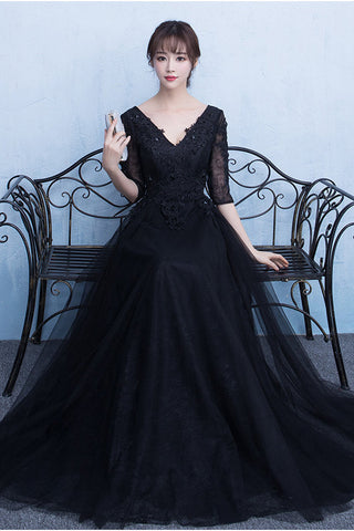 Hot Sales Black Half Sleeves Lace V Neck Prom Dresses Evening Party Dress Gowns