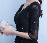 Hot Sales Black Half Sleeves Lace V Neck Prom Dress Evening Party Dress Gowns