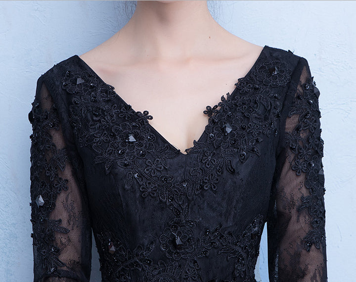 Hot Sales Black Half Sleeves Lace V Neck Prom Dresses Evening Party Dress Gowns