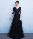 Hot Sales Black Half Sleeves Lace V Neck Prom Dress Evening Party Dress Gowns