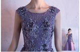 Charming Cap Sleeves Purple Lace Appliques Long Prom Dress Evening Gown Party Dress