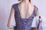 Charming Cap Sleeves Purple Lace Appliques Long Prom Dresses Evening Gown Party Dress