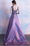 Charming Cap Sleeves Purple Lace Appliques Long Prom Dresses Evening Gown Party Dress