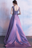 Charming Cap Sleeves Purple Lace Appliques Long Prom Dress Evening Gown Party Dress