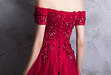 Short Sleeves Red Lace Appliques High Quality Prom Dress Evening Gowns Party Dress