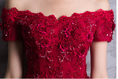 Short Sleeves Red Lace Appliques High Quality Prom Dress Evening Gowns Party Dress