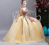 New Arrival Yellow Appliques Ball Gown Prom Dress Wedding Evening Quinceanera Dress