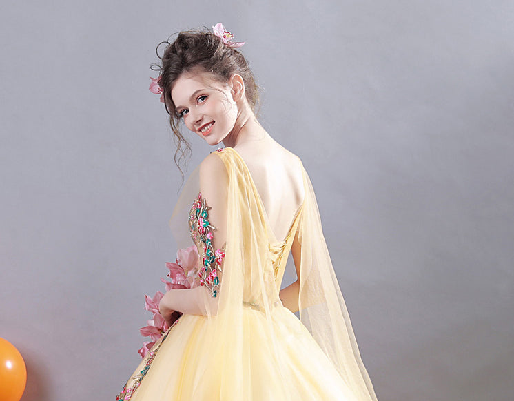 New Arrival Yellow Appliques Ball Gown Prom Dress Wedding Evening Quinceanera Dress