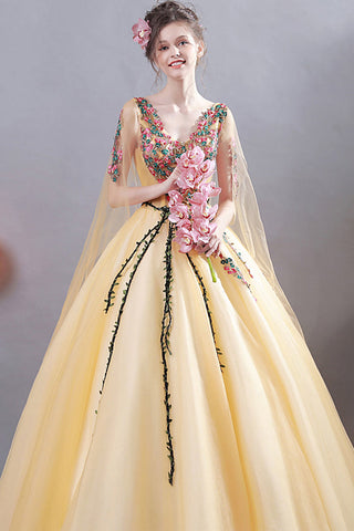 New Arrival Yellow Appliques Ball Gown Prom Dress Wedding Evening Quinceanera Dress