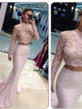 Chic 2 Pieces Long Sleeves High Neck Mermaid Pink Prom Dresses Evening Party Dress