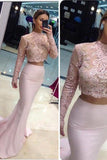 Chic 2 Pieces Long Sleeves High Neck Mermaid Pink Prom Dresses Evening Party Dress