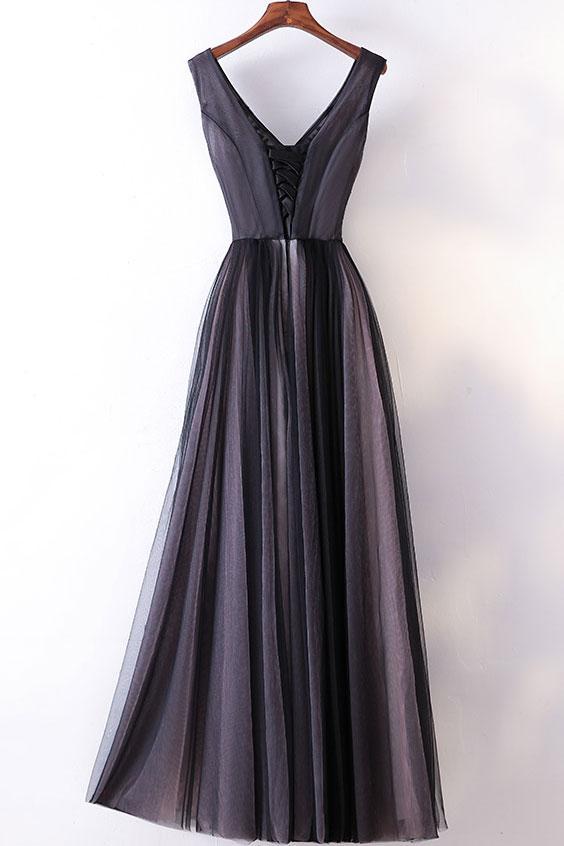 Modest Real Picture A Line V Neck Floor Length Black Prom Dresses Evening Party Dress