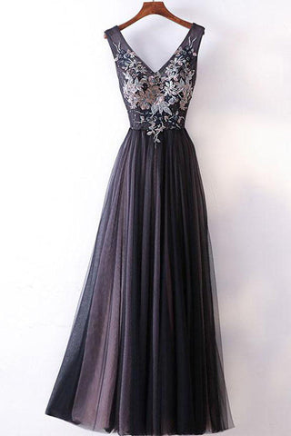 Modest Real Picture A Line V Neck Floor Length Black Prom Dresses Evening Party Dress
