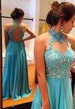 Fashion Halter Blue Lace Chiffon Backless Beaded Long Prom Dress Evening Party Dresses