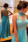 Fashion Halter Blue Lace Chiffon Backless Beaded Long Prom Dress Evening Party Dresses