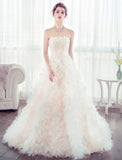 Luxurious Strapless Lace Tiered Skirt Hand Flowers Wedding Dresses Bridal Dress Weding Gown